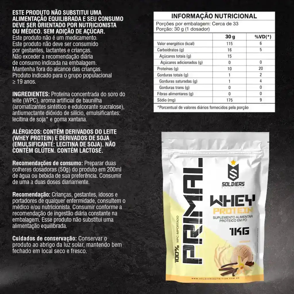 Embalagem de suplemento alimentar Whey Protein sabor baunilha, ingredientes e tabela nutricional ao fundo.
