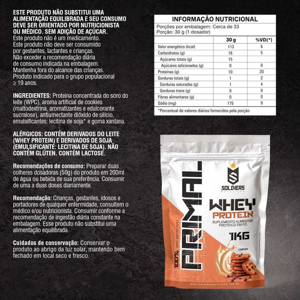 Embalagem de whey protein sabor cookies com informações nutricionais e instruções de uso.