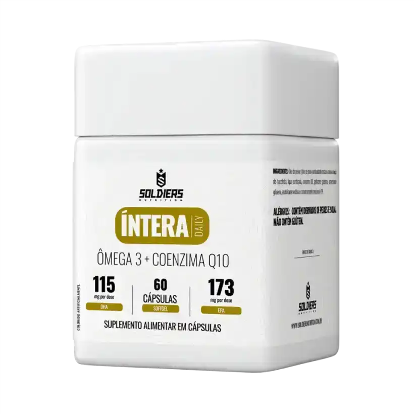 Pote branco de suplemento alimentar com 60 cápsulas de Ômega 3 e Coenzima Q10