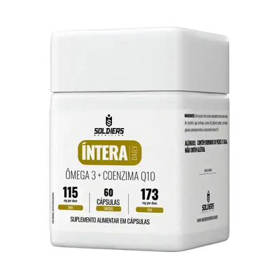 Pote branco de suplemento alimentar com 60 cápsulas de Ômega 3 e Coenzima Q10