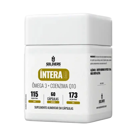 Pote branco de suplemento alimentar com 60 cápsulas de Ômega 3 e Coenzima Q10