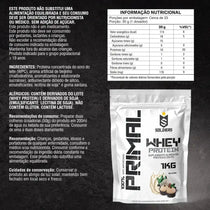 Embalagem de whey protein sabor beijinho, suplemento alimentar, tabela nutricional detalhada ao lado.