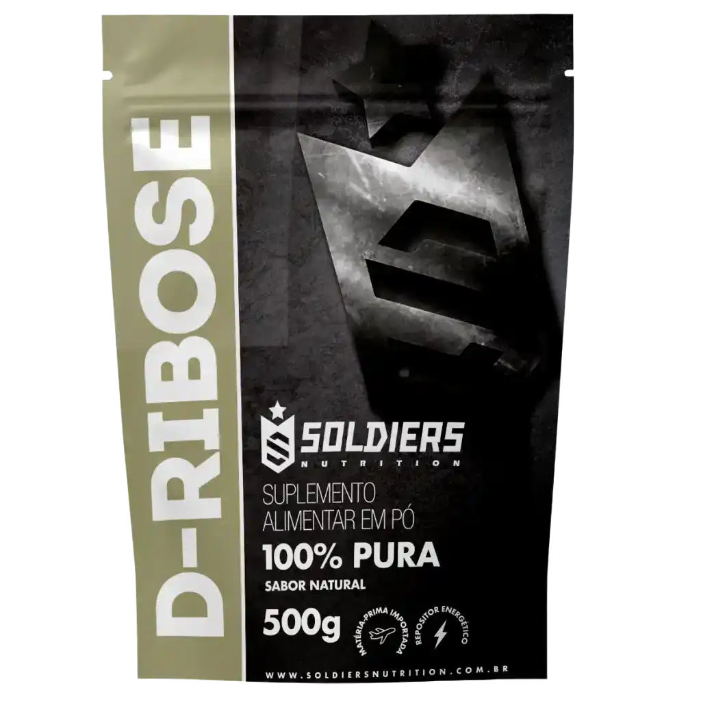 Embalagem de suplemento alimentar D-Ribose em pó, 100% puro, sabor natural, 500g.