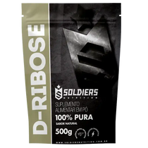 Embalagem de suplemento alimentar D-Ribose em pó, 100% puro, sabor natural, 500g.