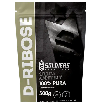 Embalagem de suplemento alimentar D-Ribose em pó, 100% puro, sabor natural, 500g.