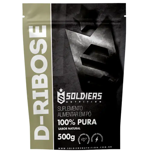 Embalagem de suplemento alimentar D-Ribose em pó, 100% puro, sabor natural, 500g.