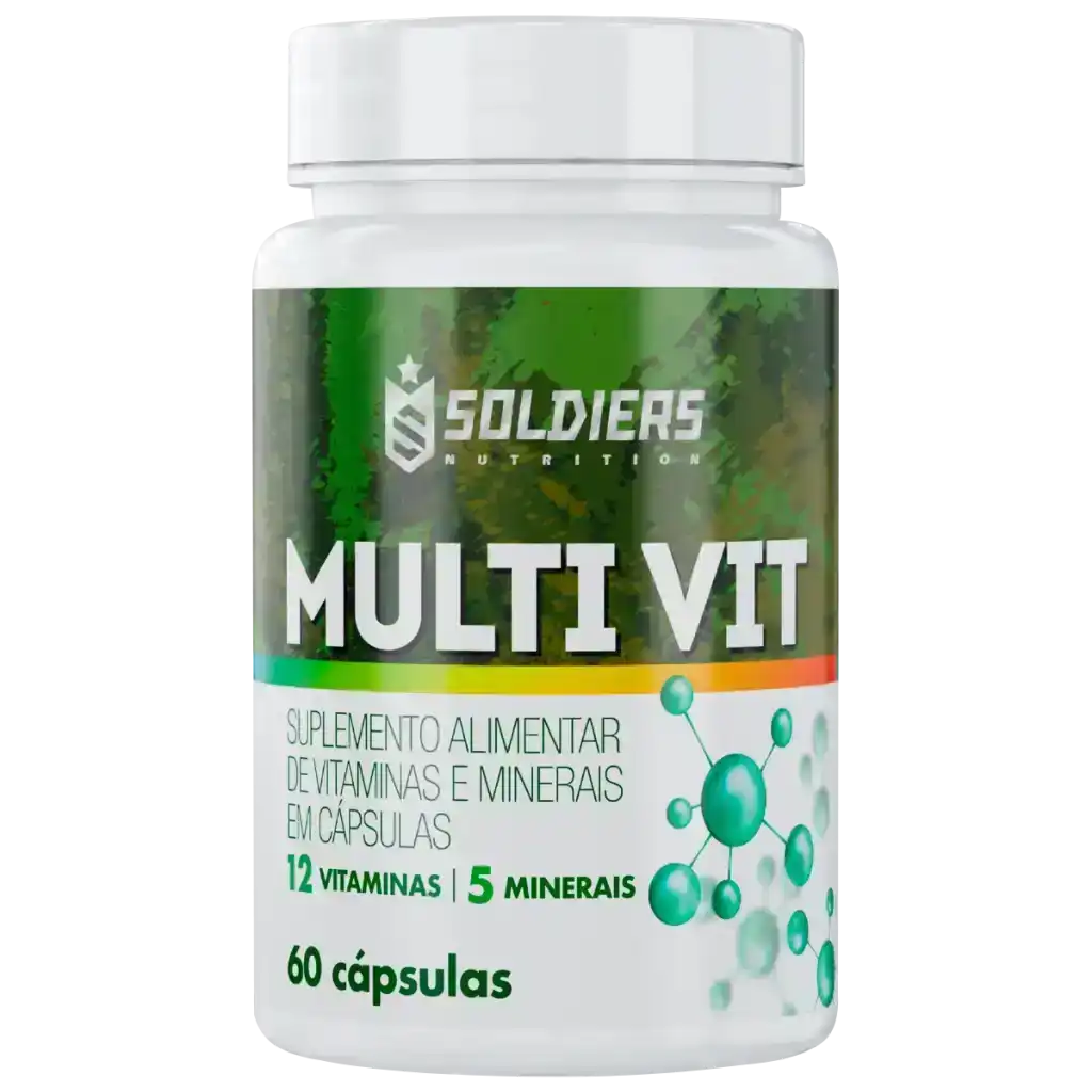 Frasco de suplemento alimentar MULTI VIT com 60 cápsulas, vitaminas e minerais em destaque.