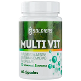 Frasco de suplemento alimentar MULTI VIT com 60 cápsulas, vitaminas e minerais em destaque.