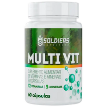 Frasco de suplemento alimentar MULTI VIT com 60 cápsulas, vitaminas e minerais em destaque.