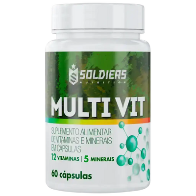 Frasco de suplemento alimentar MULTI VIT com 60 cápsulas, vitaminas e minerais em destaque.
