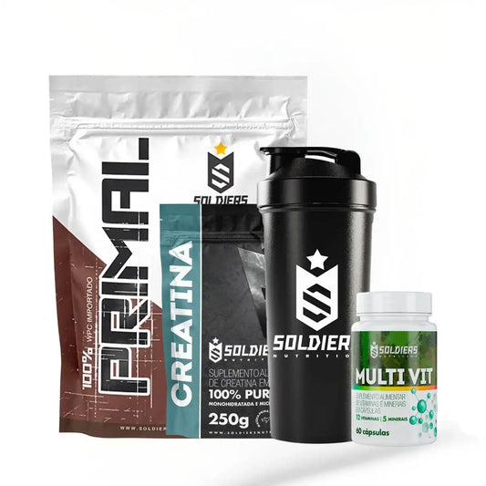 Kit de suplementos alimentares com creatina, whey protein, multivitamínico e coqueteleira.