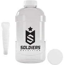 Garrafa grande transparente para suplementos com logo Soldiers Nutrition, tampa e misturador