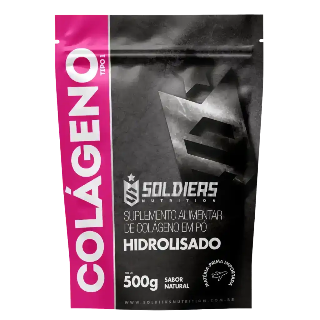 Embalagem de suplemento colágeno hidrolisado em pó tipo 1, 500g, sabor natural.