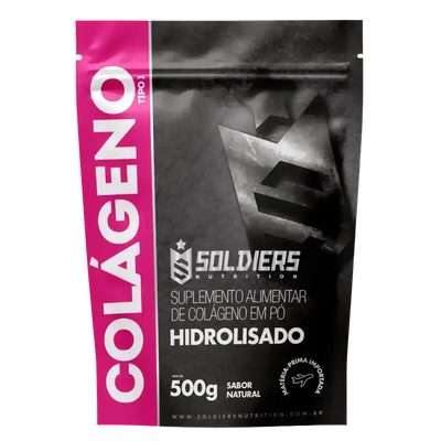 Embalagem de suplemento colágeno hidrolisado em pó tipo 1, 500g, sabor natural.
