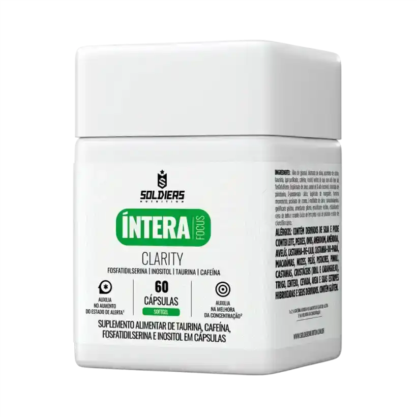 Pote de suplemento alimentar Íntera Focus Clarity com 60 cápsulas, taurina, cafeína.