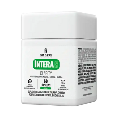 Pote de suplemento alimentar Íntera Focus Clarity com 60 cápsulas, taurina, cafeína.