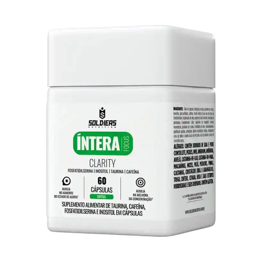 Pote de suplemento alimentar Íntera Focus Clarity com 60 cápsulas, taurina, cafeína.