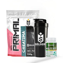 Kit de suplementos com whey protein, creatina, multivitamínico e coqueteleira fitness.