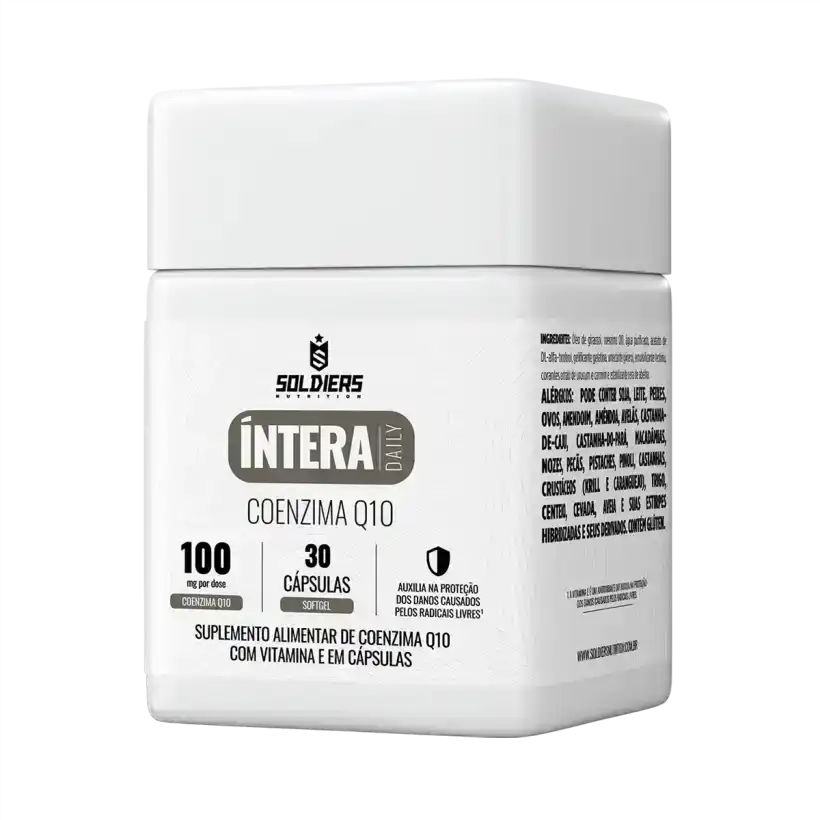 Frasco de suplemento alimentar Coenzima Q10 com vitamina E, 30 cápsulas, rótulo branco.