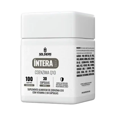 Frasco de suplemento alimentar Coenzima Q10 com vitamina E, 30 cápsulas, rótulo branco.