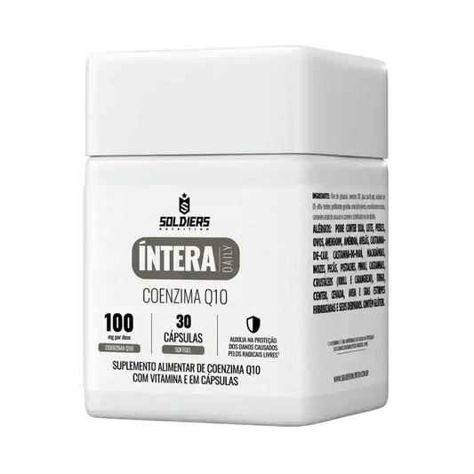 Frasco de suplemento alimentar Coenzima Q10 com vitamina E, 30 cápsulas, rótulo branco.