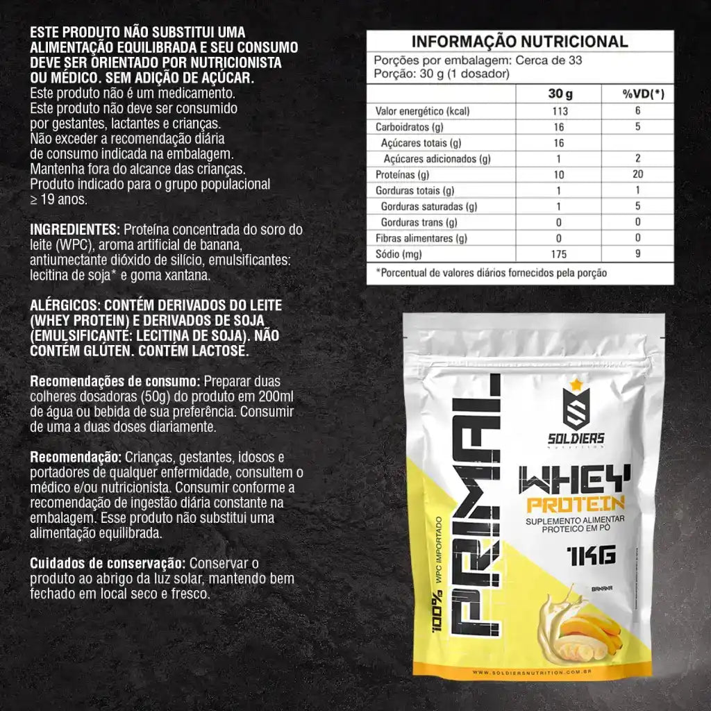 Embalagem de whey protein sabor banana 1kg, com informações nutricionais e ingredientes, suplemento alimentar em pó.