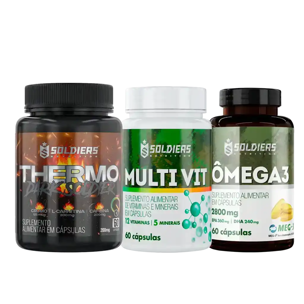 Três potes de suplementos alimentares em cápsulas: Thermo, Multi Vit e Ômega 3.