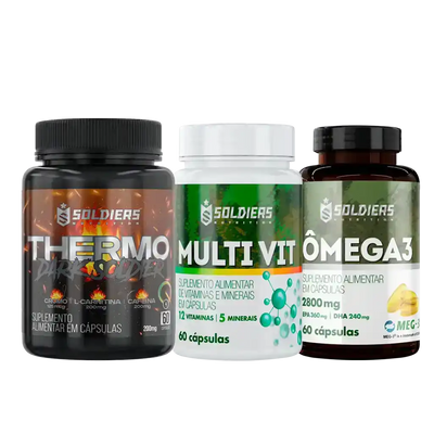 Três potes de suplementos alimentares em cápsulas: Thermo, Multi Vit e Ômega 3.