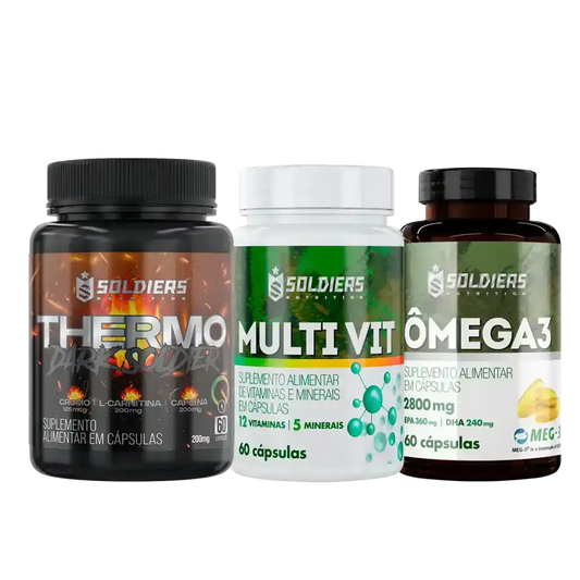 Três potes de suplementos alimentares em cápsulas: Thermo, Multi Vit e Ômega 3.