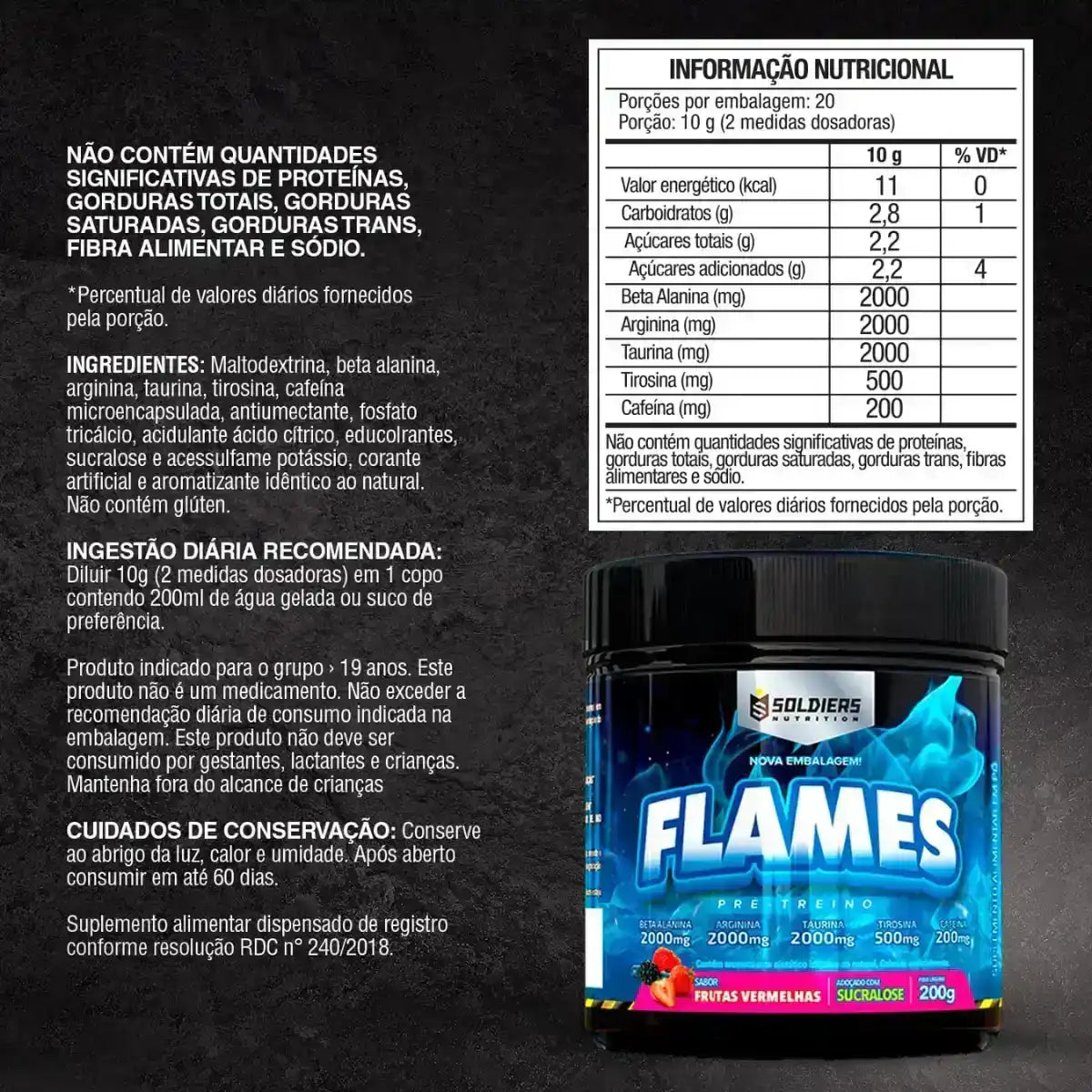 Pote de suplemento pré-treino sabor frutas vermelhas Flames, com informações nutricionais detalhadas.