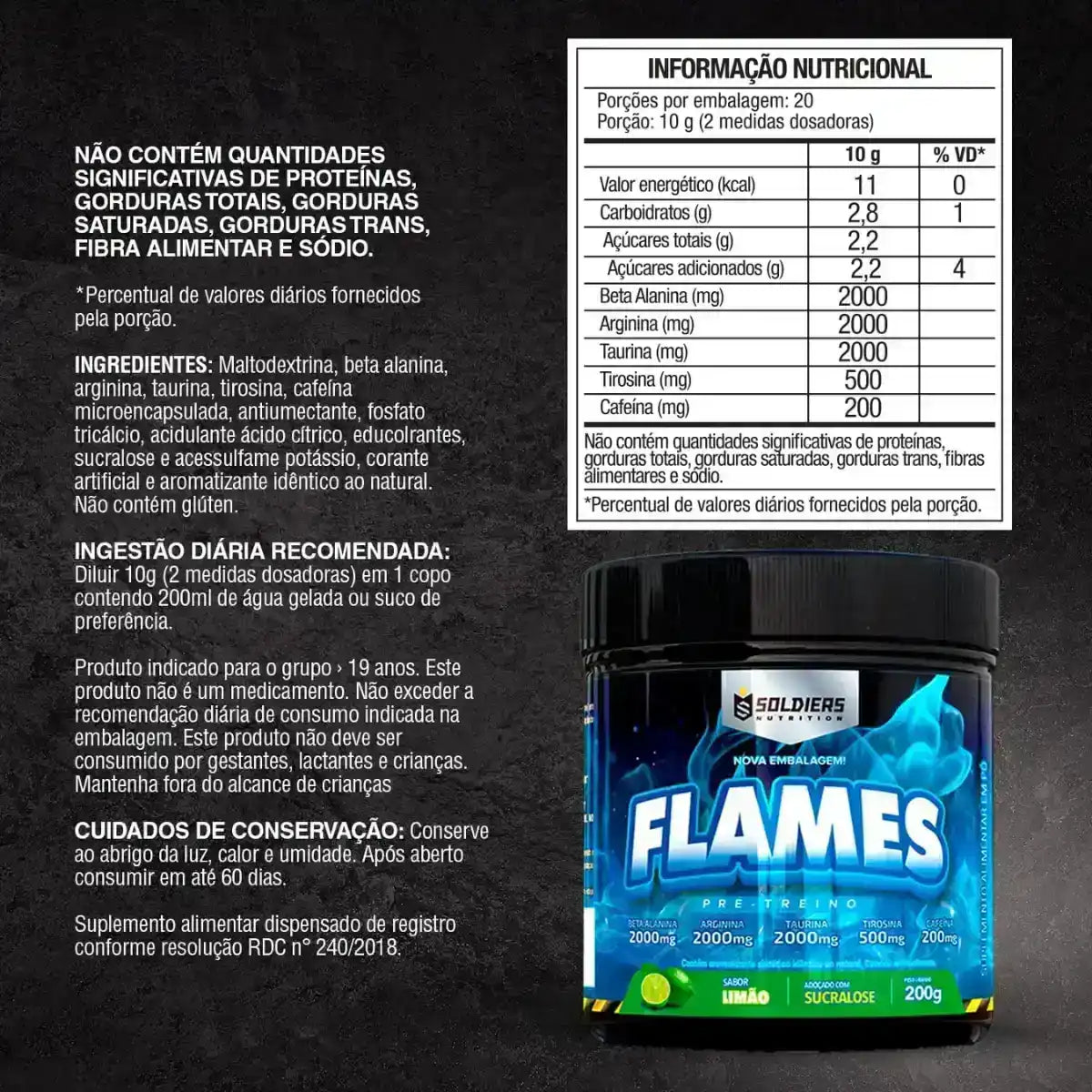 Pote de suplemento pré-treino Flames sabor limão, 200g, com tabela nutricional e ingredientes destacados.