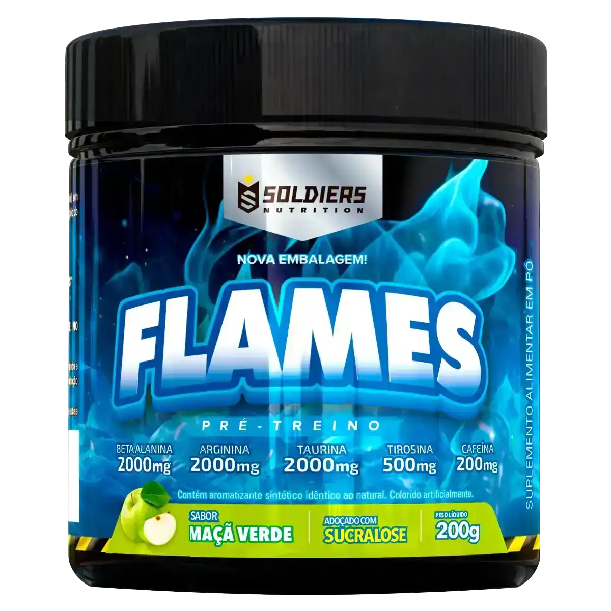 Pote de suplemento alimentar pré-treino Flames sabor maçã verde, 200g, com ingredientes destacados na embalagem.