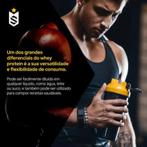 Homem musculoso segurando coqueteleira de suplemento ao lado de texto sobre whey protein, fitness e nutrição esportiva.
