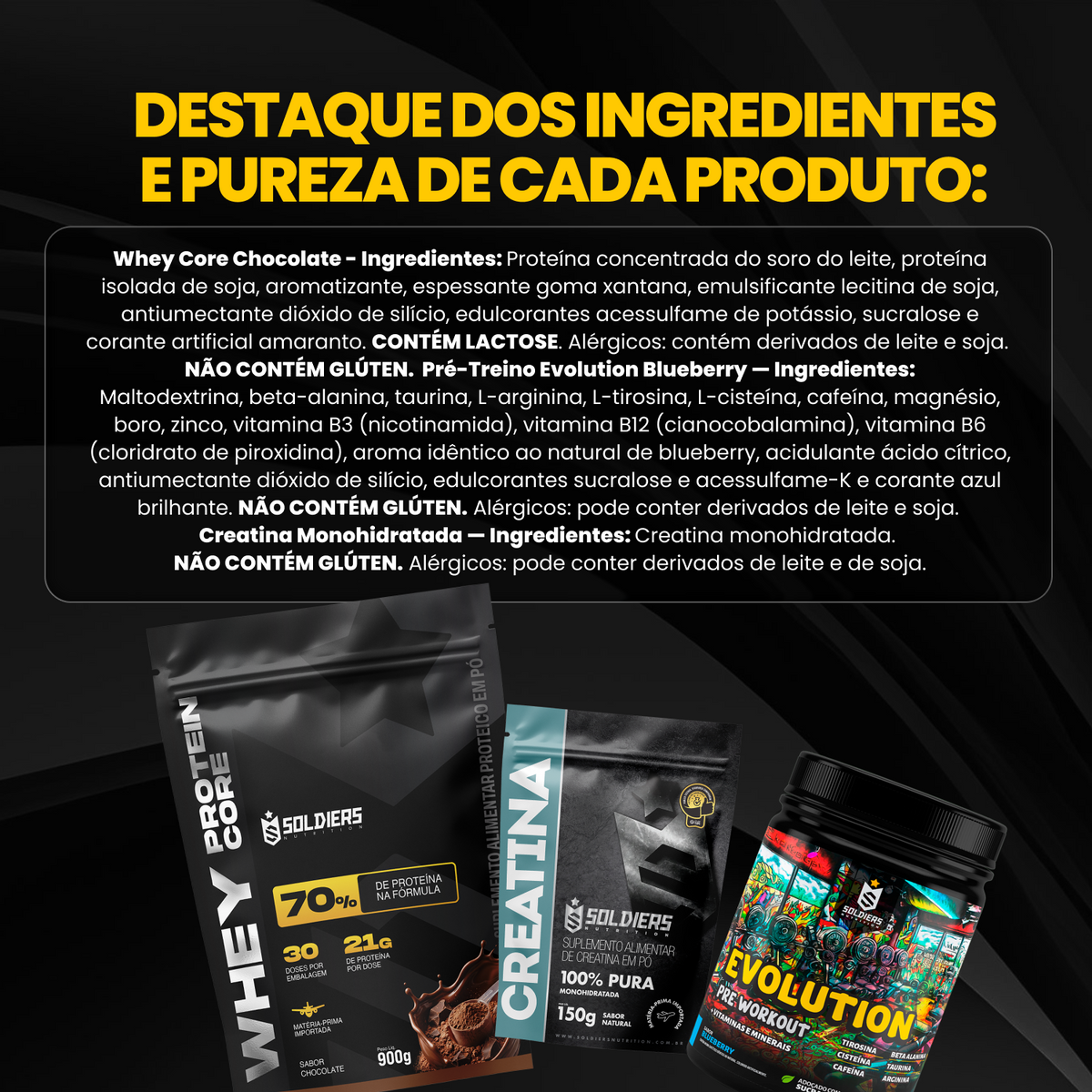 Kit Whey Core 900g Baunilha + Pré-Treino Evoluition 300g Uva Verde com Melão + Creatina 150g