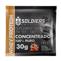 Sachê de whey protein concentrado cookies and cream 30g, suplemento alimentar proteico em pó.