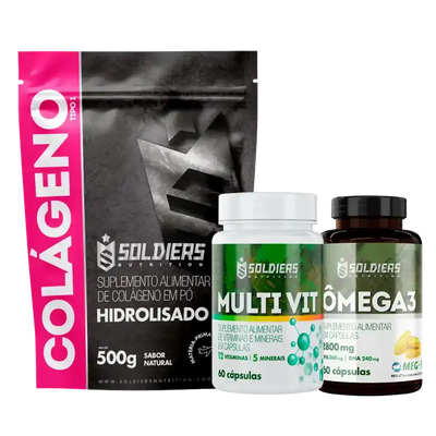 Kit de suplementos alimentares com colágeno hidrolisado, multivitamínico e ômega 3 em cápsulas
