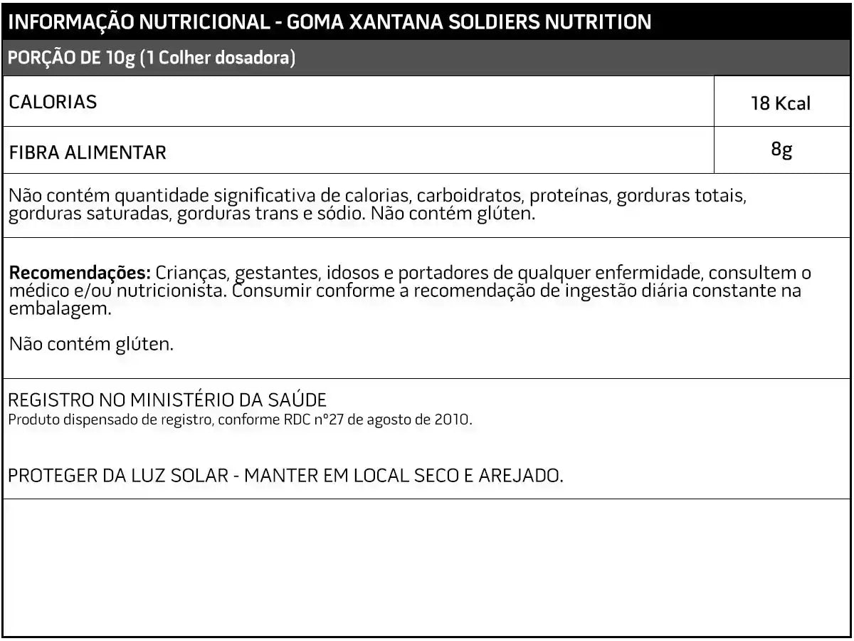 Tabela de informação nutricional goma xantana, 18 kcal, 8g fibra alimentar, não contém glúten.
