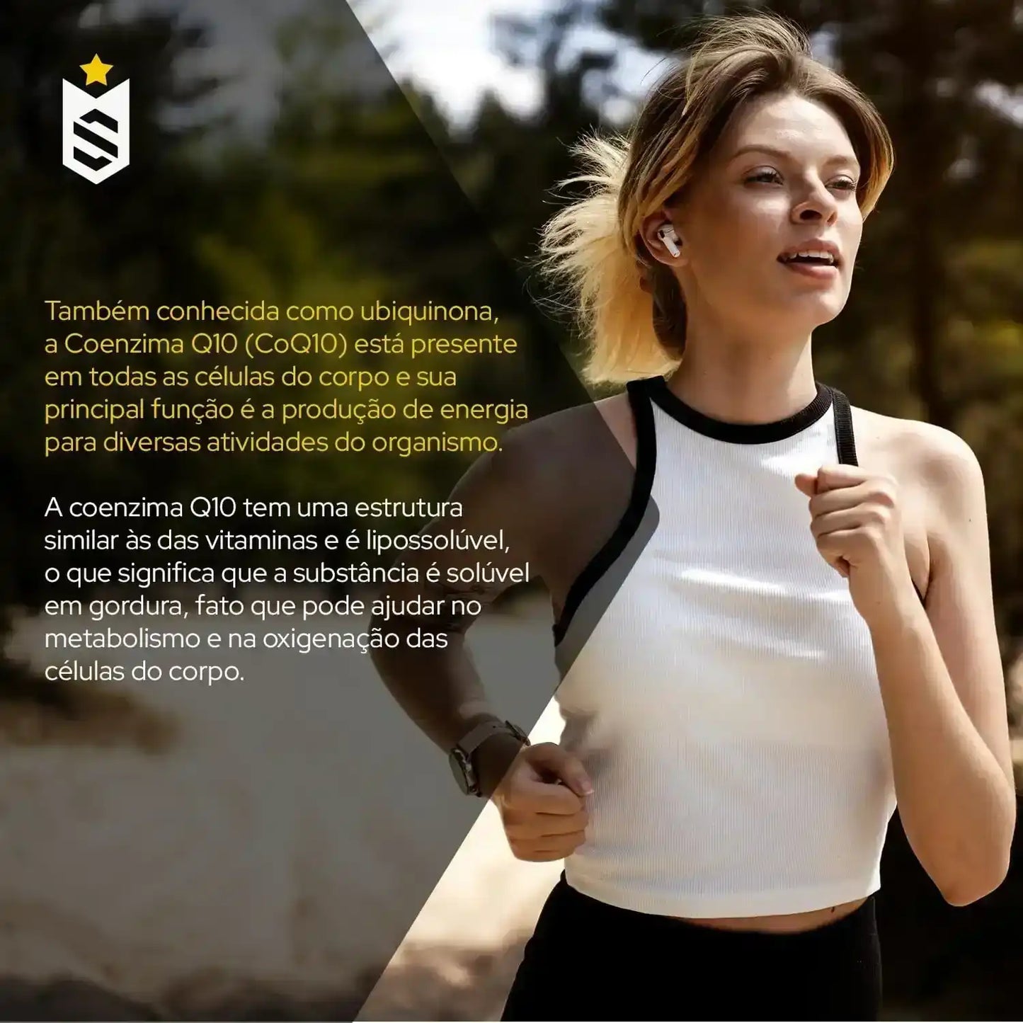 Mulher praticando corrida ao ar livre, destacando benefícios da Coenzima Q10 para energia e metabolismo.