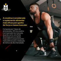 Homem musculoso fazendo levantamento de peso na academia, destaque para benefícios da creatina, suplemento para ganho de força e massa muscular.