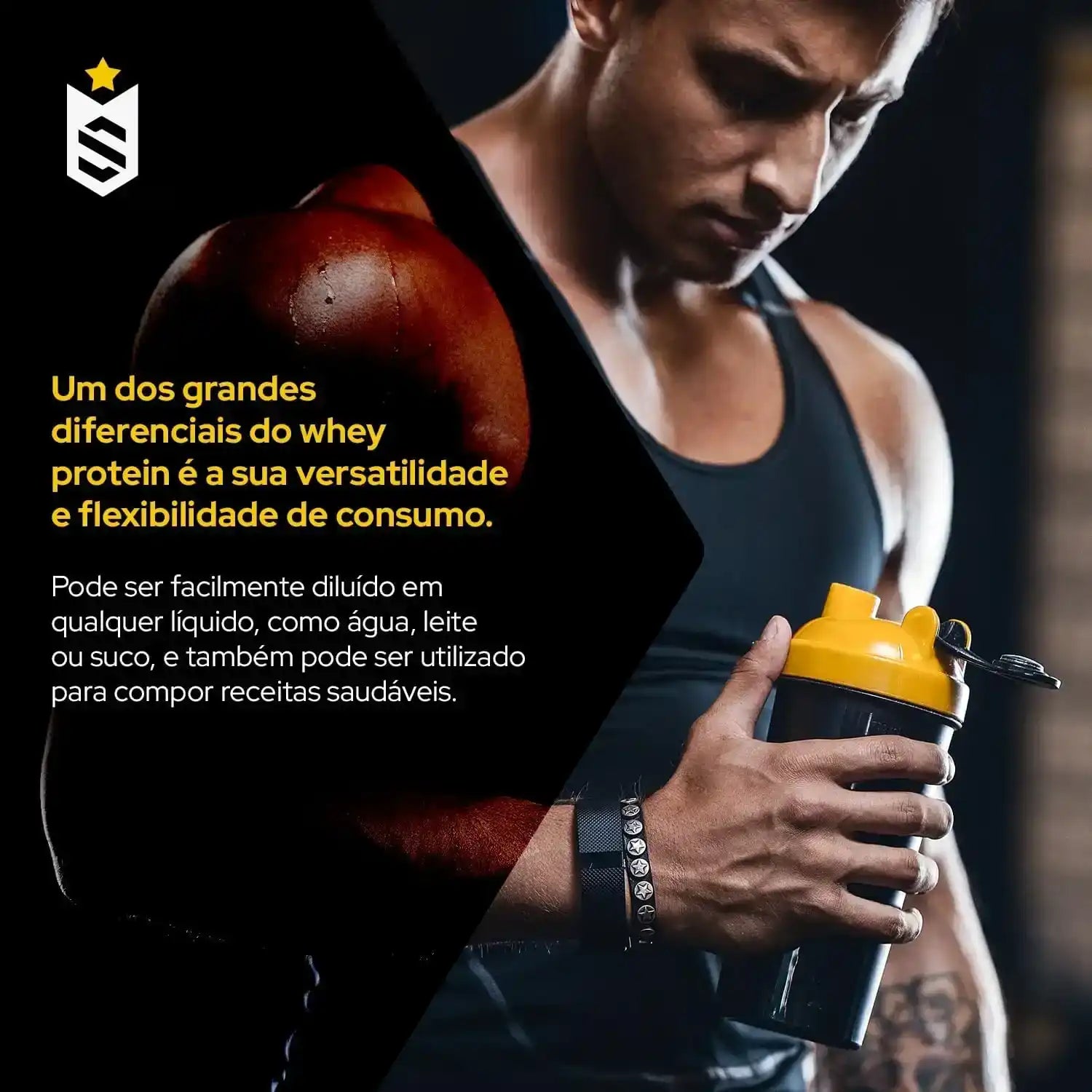 Homem musculoso segurando coqueteleira de whey protein, foco em braço forte, fundo de academia.
