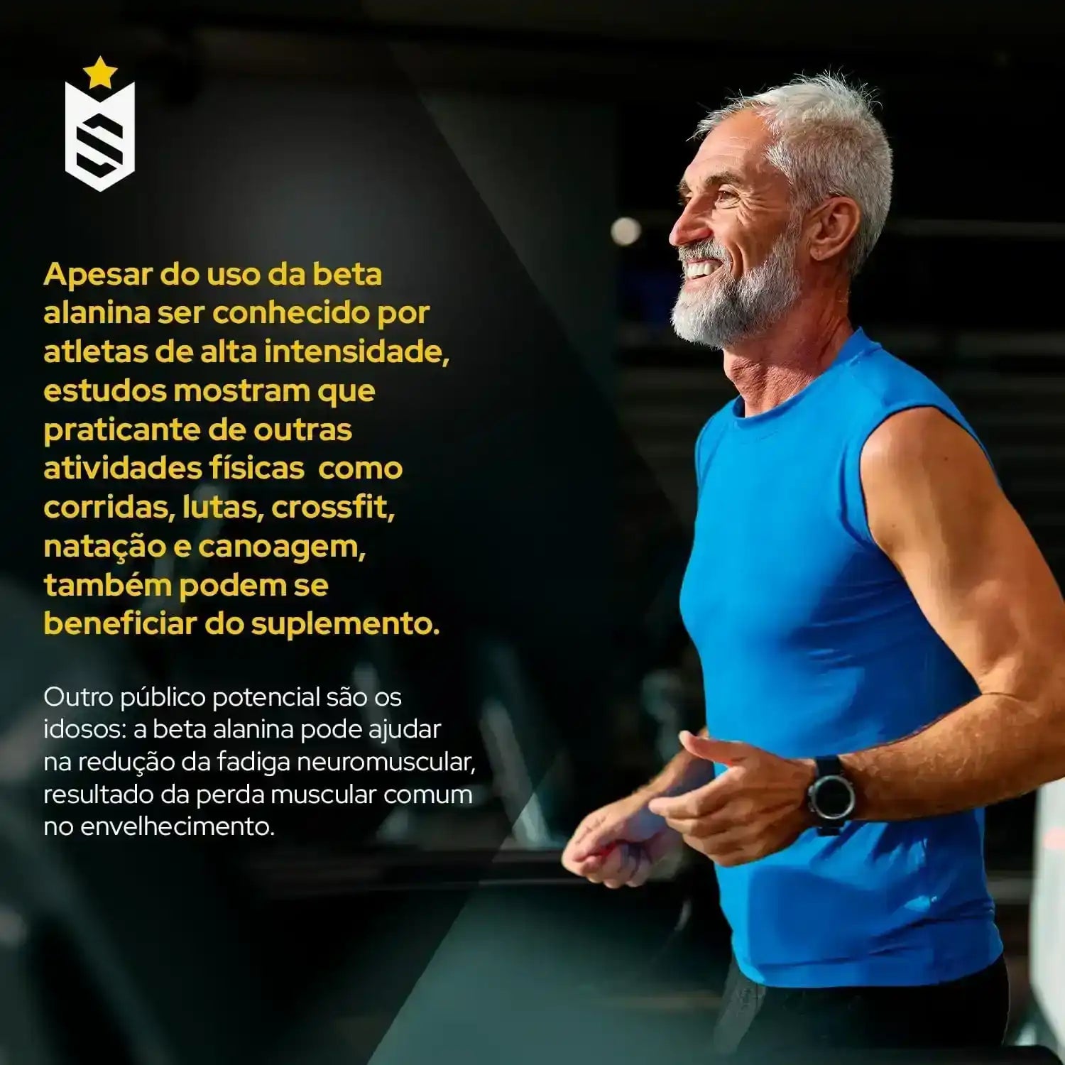 Homem idoso correndo em academia, destaque para benefícios da beta alanina para idosos e atletas.