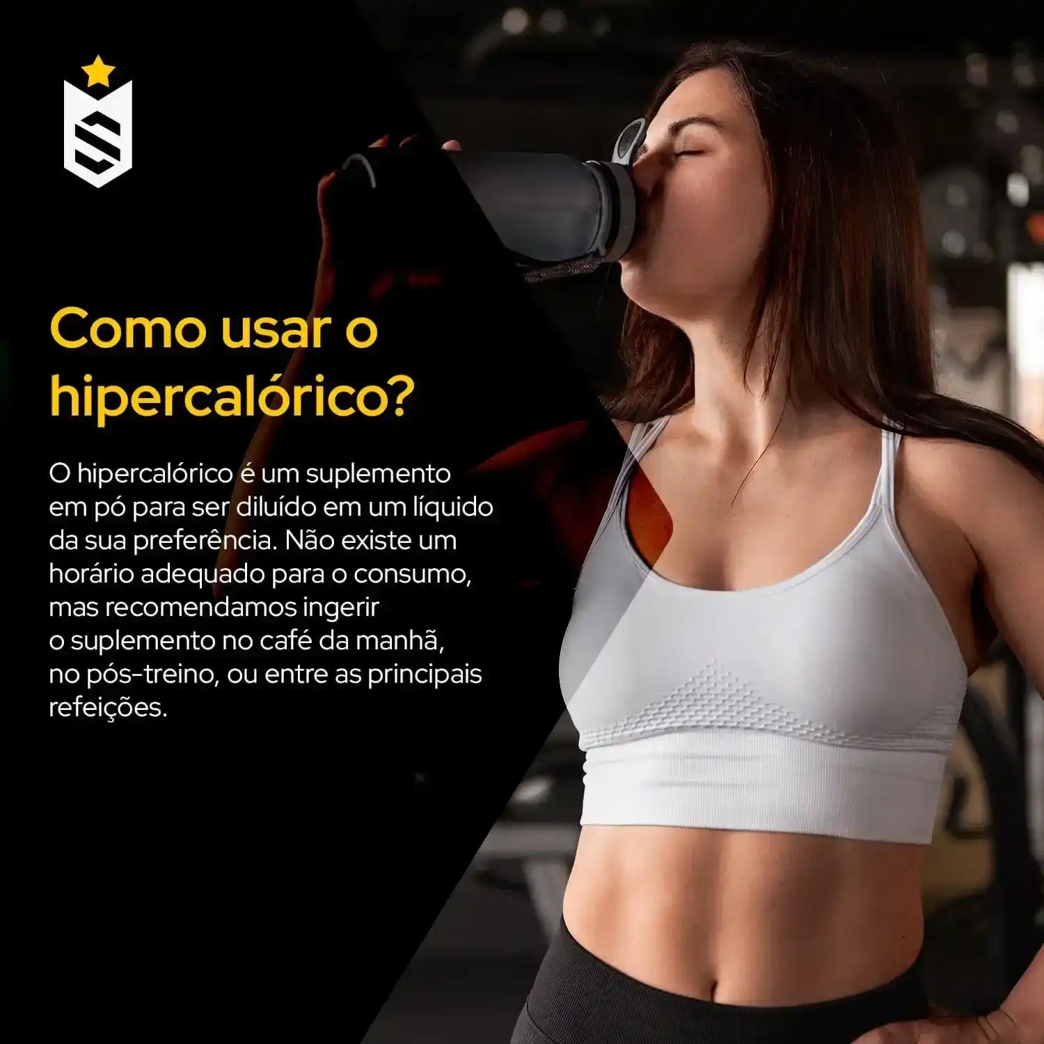 Mulher fitness tomando suplemento hipercalórico na academia, instruções sobre como usar hipercalórico em destaque.