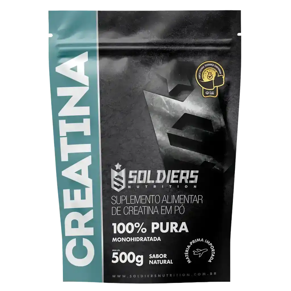 Embalagem de suplemento alimentar creatina monohidratada pura 500g sabor natural.