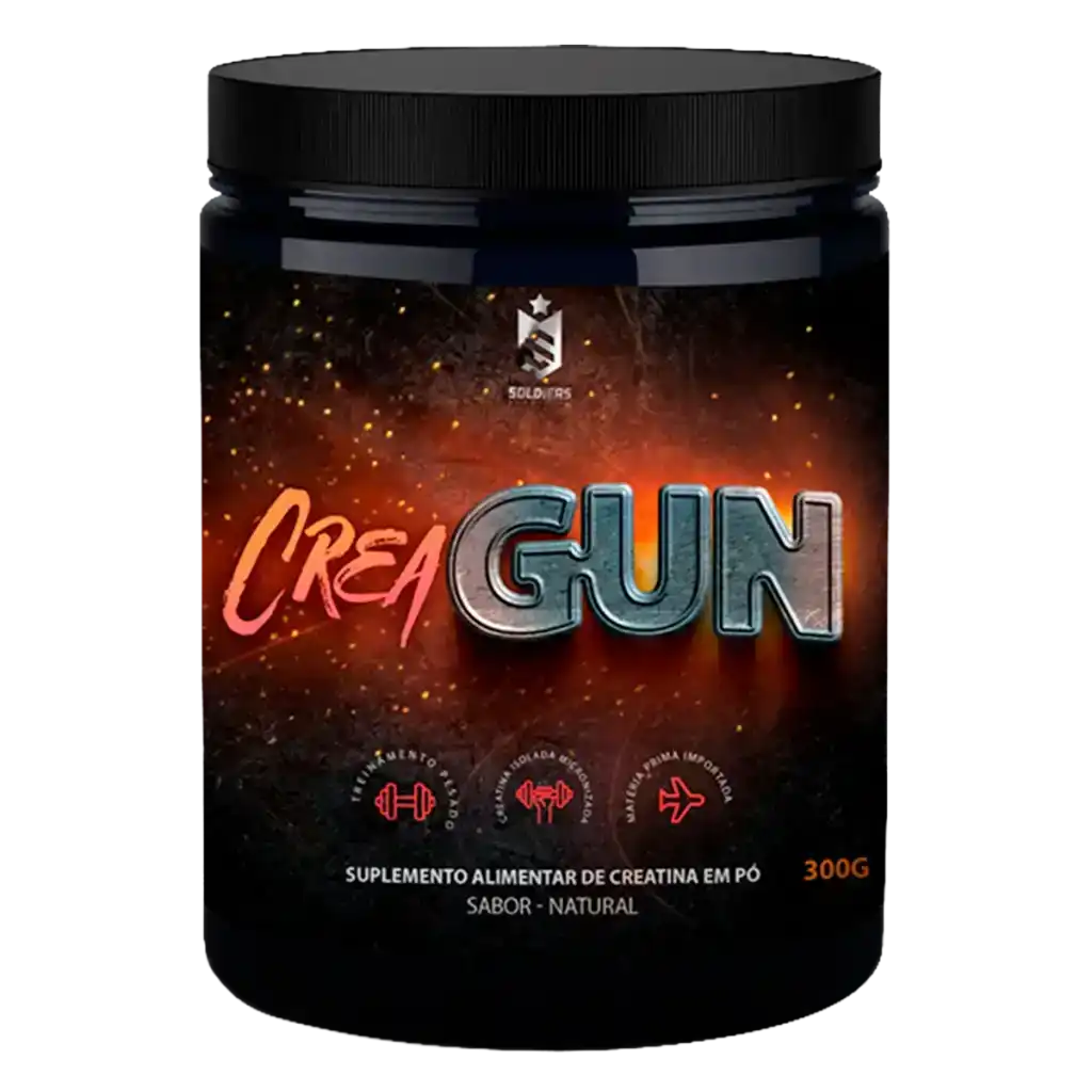 Pote de suplemento alimentar de creatina em pó sabor natural, rótulo CreaGun, 300g