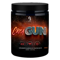 Pote de suplemento alimentar de creatina em pó sabor natural, rótulo CreaGun, 300g