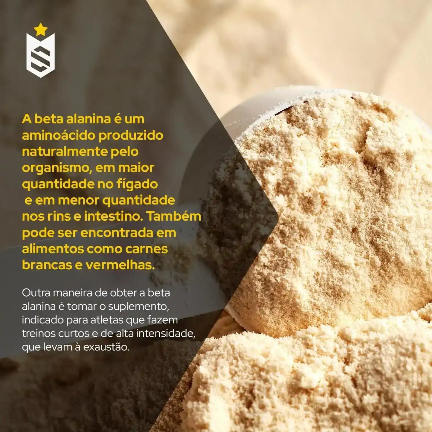 Pó de suplemento beta alanina em um scoop com texto explicativo sobre benefícios para atletas.