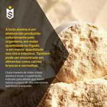 Pó de suplemento beta alanina em um scoop com texto explicativo sobre benefícios para atletas.
