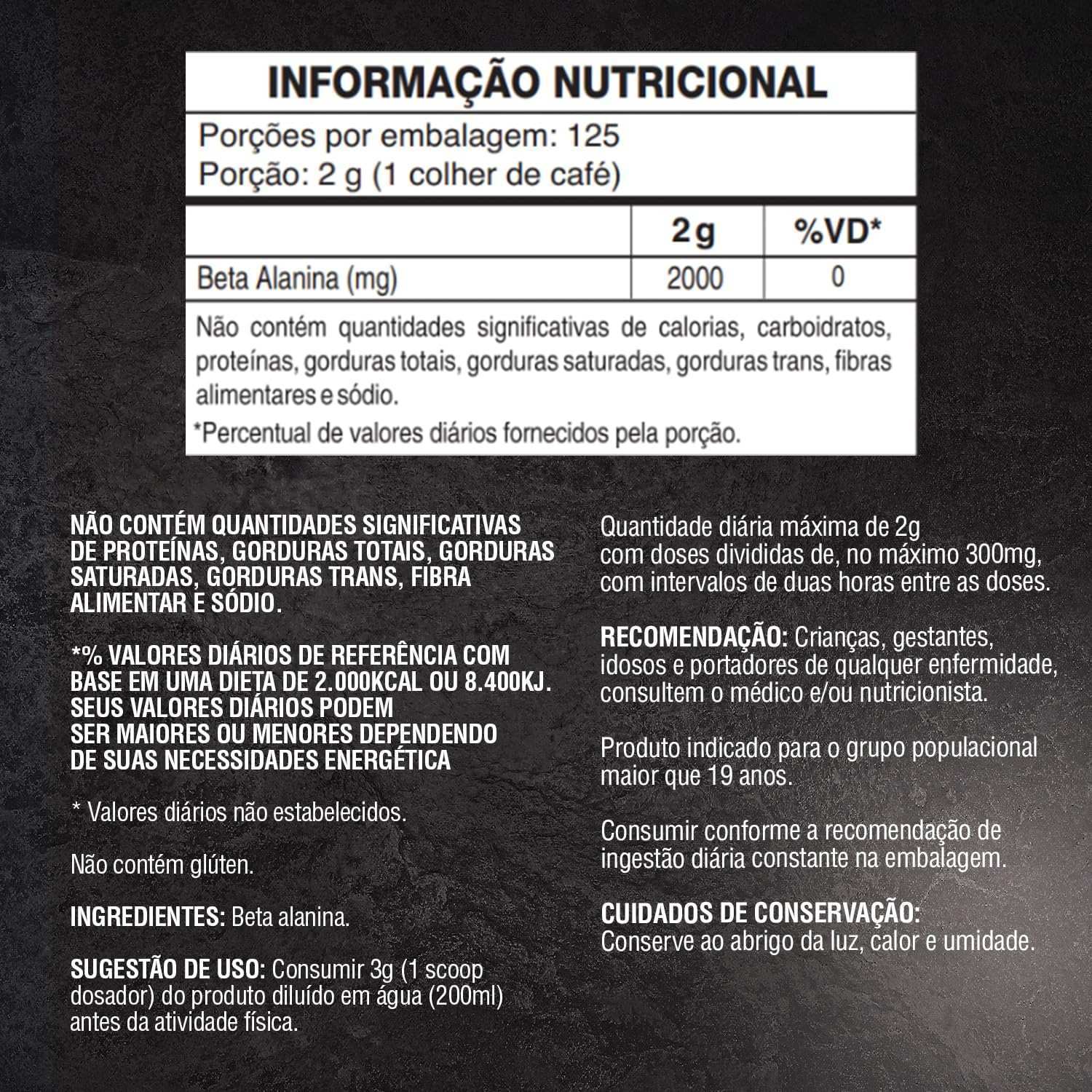 Tabela nutricional de suplemento de beta alanina em pó, informações de uso e ingredientes em português.