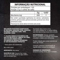 Tabela nutricional de suplemento de beta alanina em pó, informações de uso e ingredientes em português.