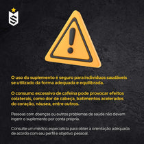 Aviso de suplemento alimentar, alerta amarelo, texto explicando riscos do uso excessivo de cafeína.